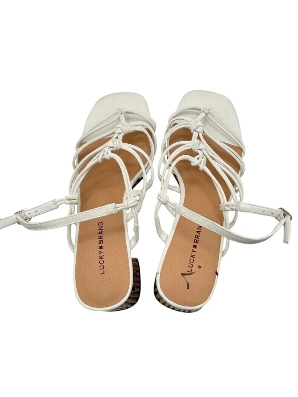 Lucky Brand Bassie White Strappy Knotted Bamboo Block Heel Sandal Women Size 10M